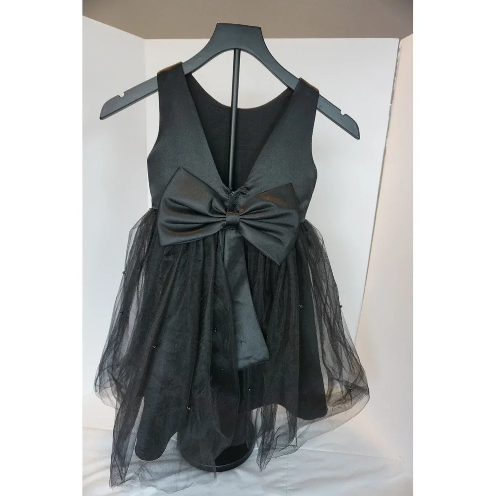 Black Tulle Pearl Beaded V-Back Bow Party Dress Kids Size 6 Formal Wedding